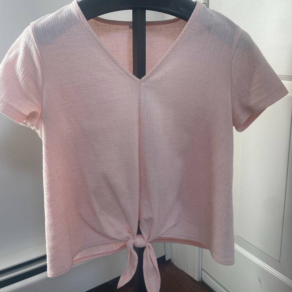 J. Crew Blouse Women Pink V-Neck Tie Up Short Sleeve Cotton Top